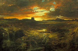 Peinture d'un paysage en tons chauds, avec à l'horizon, la silhouette d'une tour se détachant sur fond de soleil couchant