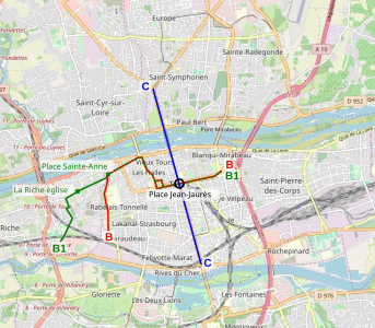 Carte en couleurs d'un réseau de transport en commun.