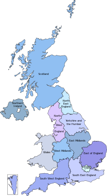 The former European Parliament constituency areas in the United Kingdom (2004-2020). UK European Parliament constituency.svg