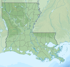 Mapa konturowa Luizjany, w prawym górnym rogu znajduje się punkt z opisem „źródło”, natomiast po prawej nieco na dole znajduje się punkt z opisem „ujście”