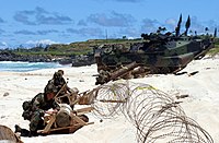 汀線上の障害物を啓開する海兵隊員