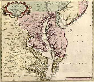 A new map of Virginia, Maryland, and the improved parts of Pennsylvania & New Jersey by Christopher Browne, 1685 A new map of Virginia, Maryland, and the improved parts of Pennsylvania & New Jersey. LOC 2005630923 (cropped).jpg