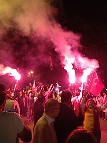 The Gezi Park protests at Kizilay, Ankara in June 2013. The protesters with flags and torches protesting the Gezi Park at the city center of Ankara, Turkey. Ankara Gezi Park Protests.jpg