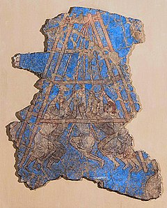 Arabs besieging Samarkand with a traction trebuchet (mangonel), Sogdian mural from Panjakent in Tajikistan, 8th c. Arabs besieging the city of Samarkand, captured in 722 CE, Palace of Devastich (706-722), Penjikent mural.jpg