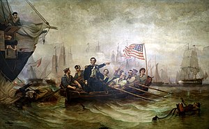 Битва на озере Эри, картина Уильяма Генри Пауэлл 1865 года. Оливер Перри переправляется с Лоуранса на Ниагару.