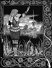 Sir Bedivere casts King Arthur's sword Excalibur back to the Lady of the Lake. The Arthurian Cycle has influenced British literature across languages and down the centuries. Bedivere.jpg