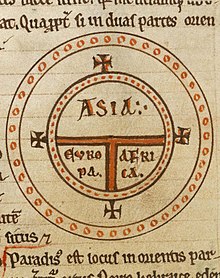 12th-century T and O map representing the inhabited world as described by Isidore of Seville in his Etymologiae (chapter 14, de terra et partibus
) Diagrammatic T-O world map - 12th century.jpg