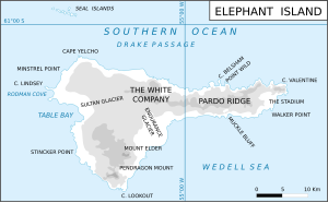 Karte von Elephant Island mit dem Sultan-Gletscher (links)