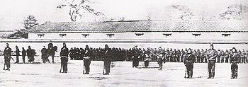 Training of the Shogunate troops by the French Military Mission to Japan. 1867 photograph.