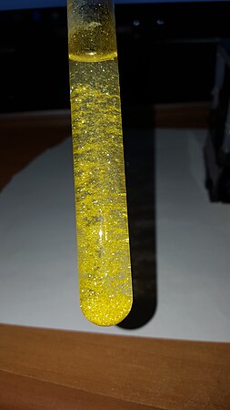 Experiment "golden rain" where iodide of lead(II) was recrystallized from hot solution by cooling, forming crystals of golden-yellow