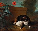 Katta och kattunge, och hund och papegoja (1737). Signerad Jean-Baptiste Oudry et atelier.