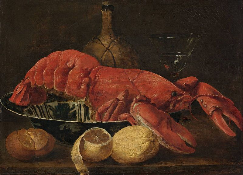 A lobster in a porcelain dish, 1640-1645. Jan Fyt, oil on canvas. From The Cuisine of the Southern Netherlands: A Tour