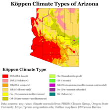 Koppen climate types of Arizona, using 1991-2020 climate normals. Koppen Climate Types Arizona.png