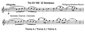 Quelques mesures retranscrites sur deux ligne de partition du trio de clarinette Les Quilles, thème A.