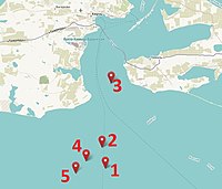 Positions of the Ukrainian vessels in the Kerch Strait on 25 November 2018 according to Bellingcat Kerch Strait incident map.jpg