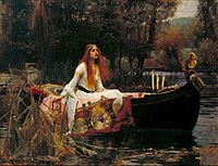 A painting of a red haired woman, sitting in a boat, surrounded by trees.