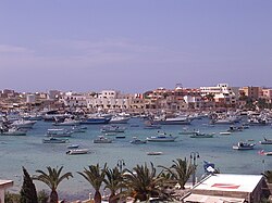 View of the town of Lampedusa from the harbor