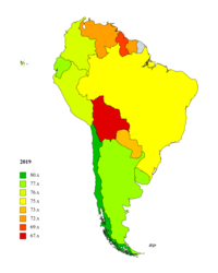 Изменение ожидаемой продолжительности жизни в странах Южной Америки с 2019 до 2021[1] 
