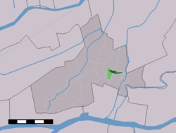 The village centre (dark green) and the statistical district (light green) of Hoogblokland in the municipality of Giessenlanden.