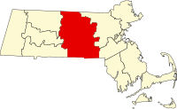 Map of Masačusets highlighting Worcester County