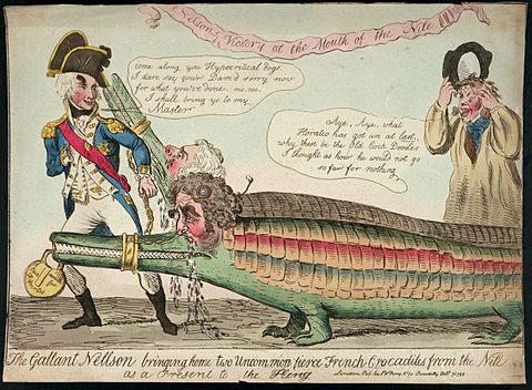 Gravure montrant un
                  homme dans un uniforme naval distinctif trainant deux
                  crocodiles avec des têtes humaines.