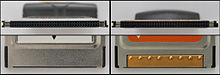 Left: connector of a 16-bit ISA-based PC Card. Right: connector of a 32-bit PCI-based CardBus PC Card. Usually, CardBus PC Card slots are compatible with the ISA-based PC Cards, but not the other way around. PCCard CardBus.jpg