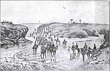 Drawing of a long line of soldiers on foot and horseback