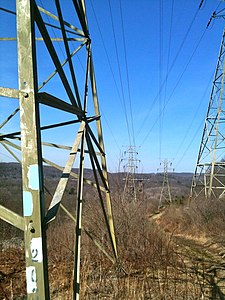 The Blue Blazes are not just for trees, where necessary they are painted on rocks, telephone poles, fences or power line towers. A right turn.