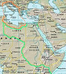 Map of Great Italy according to the 1940 fascist project in case Italy had won the Second World War (the orange line delimits metropolitan Italy, the green line the borders of the enlarged Italian Empire) ProgettoImperoItaliano.jpg