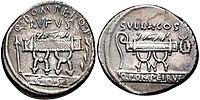 Coin with curule chair flanked by arrow and laurel branch with Q. Pomeius Rufus on one side. On the other side, a curule chair flanked by lituus and wreath with Sulla COS.