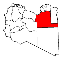 Karta över Libyen med distriktet Al Wahat i rött.
