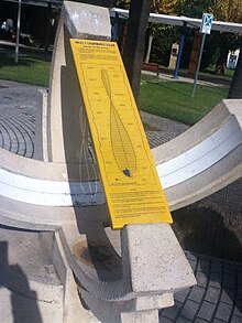 Sundial on the Orihuela Campus of Miguel Hernandez University, Spain, which uses a projected graph of the equation of time within the shadow to indicate clock time. Sundial with Equation of Time correction.jpg