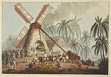 Sugar plantation in the British colony of Antigua, 1823 The Mill Yard - Ten Views in the Island of Antigua (1823), plate V - BL.jpg