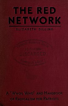 Couverture rouge sur laquelle sont marqués en noir le titre (en capitales) et le nom de l'autrice en haut, le tampon de la bibliothèque fédérale de Boston au milieu et la mention {{lien langue|en|A "Who's Who" and Handbook of Radicalism for Patriots}} en bas