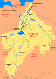 Kort, der viser søen som en del af Volkhovs afvandingsområde.