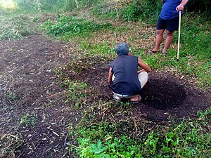 Farmer and volunteers preparing the soil for planting.