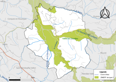 Carte de la ZNIEFF de type 2 de la commune.