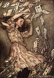アーサー・ラッカムの挿絵で、トランプたちがアリスに飛び掛かるシーン。ラッカムの挿絵はテニエルのそれに次いで人気が高い（海野弘）。
