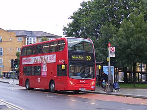 All Change on the 30 route,Eastway, E9. First London takes over. Early morning bus, 25 June 2011.jpg