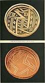 Two bowls about 8.75 inches in diameter and about 3.75 inches tall, one is yellowish-brown with intricate dark patterns, while the other is reddish-brown with light-colored lines, found at the Stone Axe Ruin in Arizona