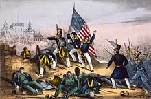 Marines storming Chapultepec Castle with a large American flag during the Mexican-American War Chapultepec.jpg