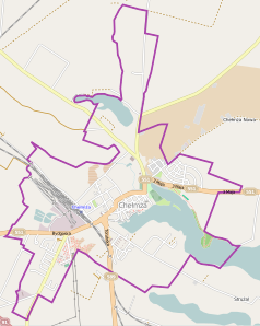 Mapa konturowa Chełmży, w centrum znajduje się punkt z opisem „Cmentarz żydowski w Chełmży”