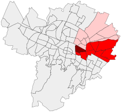 Mappa dei quartieri di Bologna, divisi in aree statistiche[2]. Posizione della Cirenaica (in bordò) nell’ex-quartiere San Vitale (rosso), nel Quartiere San Donato-San Vitale (in rosa)