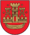 A coat of arms depicting a golden castle with three turrets surrounded with four golden stars all on a red background