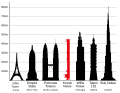 A comparison diagram of the Knock Nevis with several large buildings. From left to right: Eiffel Tower, Empire State Building, Petronas Towers, Knock Nevis (ex Seawise Giant), Willis Tower, Taipei 101 and Burj Khalifa.