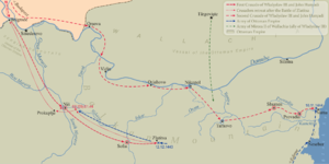 Карта на Първия в 1443 и Вторият в 1444 г. кръстоносни походи на Владислав III Ягелонски и Йоан Хуняди в българските земи.