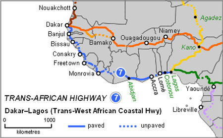 Dálniční mapa Dakar-Lagos. PNG