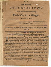 First page of "Some Miscellany Observations On our present Debates respecting Witchcrafts, in a Dialogue Between S. & B.", attributed to Samuel Willard Dialogue Between S & B.jpg