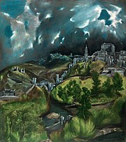  View of Toledo (c. 1596-1600, oil on canvas, 47.75 × 42.75 cm, Metropolitan Museum of Art, New York) is one of the two surviving landscapes of Toledo painted by El Greco.