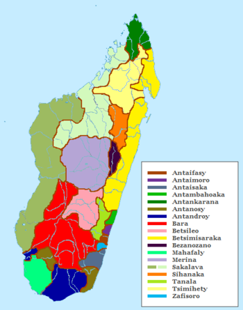 マダガスカル人の民族的サブグループの地域分布を示す地図
